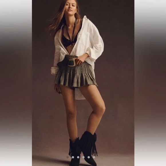 NWOT Moss Green Anthropologie Pleated Linen skirt shorts 12 - Picture 2 of 13